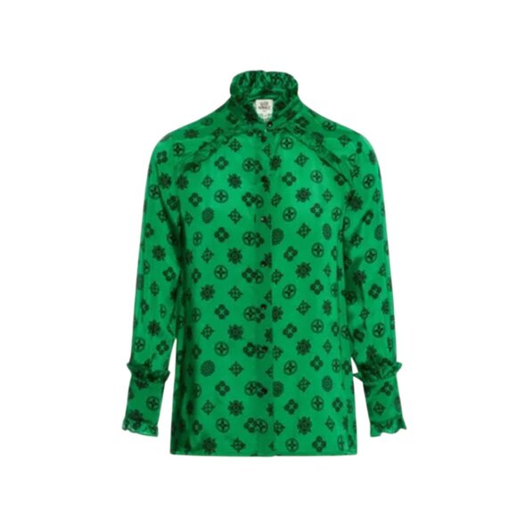 Suzie Winkle Katie Button Down Shirt Top Blouse Womens 36 Small Green Black - Picture 15 of 15